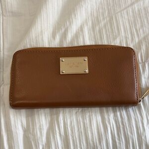 Michael Kors Camel Brown Leather Zip Wallet with Gold Plaque